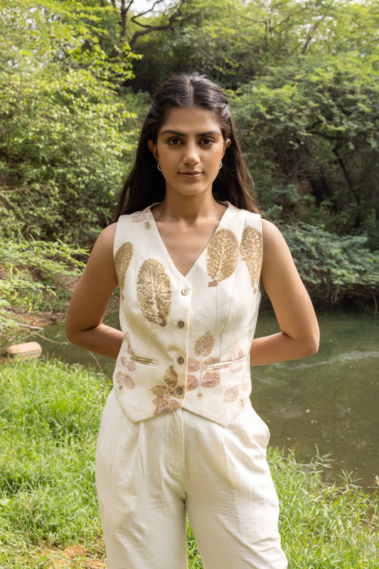 Leaf Whisper Eco-Printed Cotton Vest